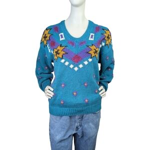Vintage 80s Teal Cotton Knit Sweater – Oversized Small, Fun Pattern